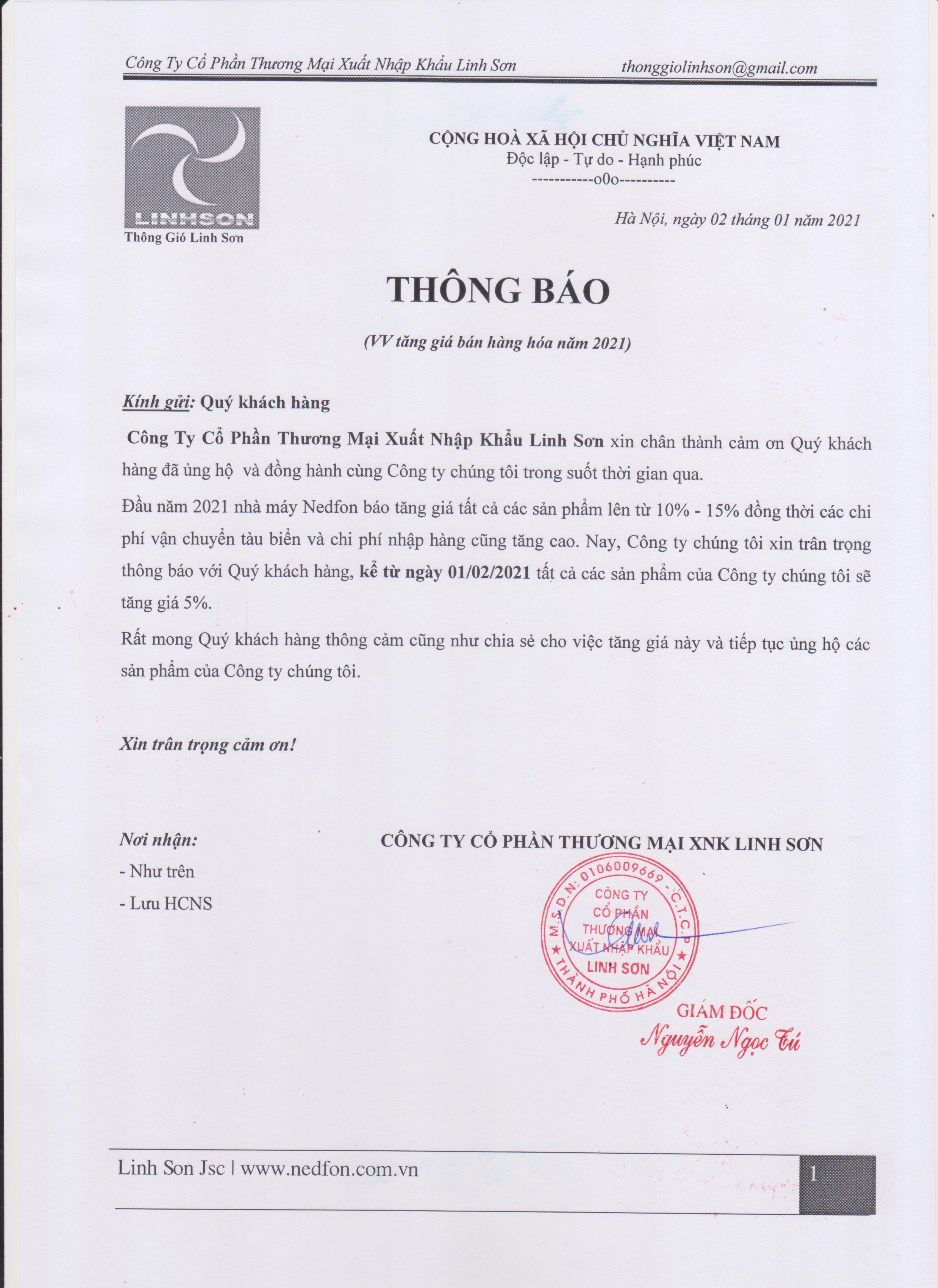 Nedfon Linh Sơn thông báo tăng giá sản phẩm Quạt thông gió